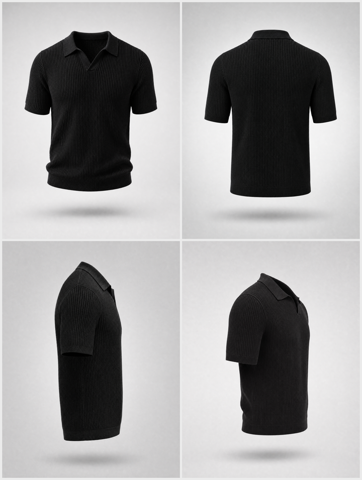Knitted Polo Shirt -Black-