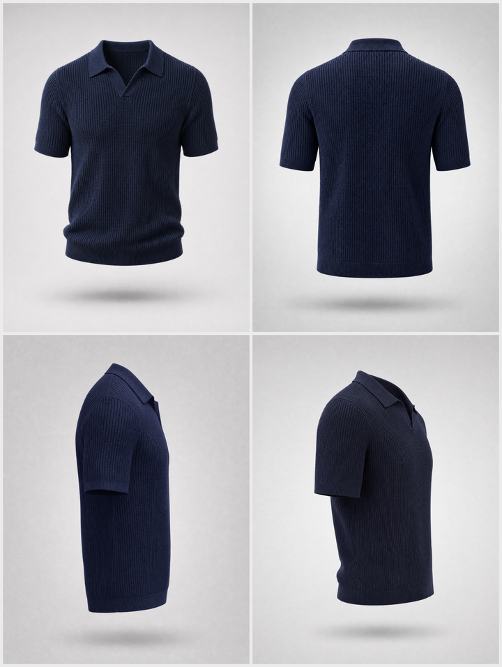 Knitted Polo Shirt -Navy-